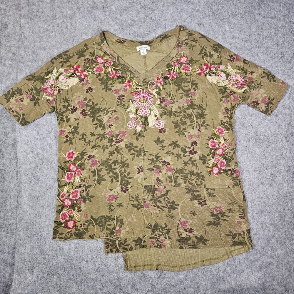 Sundance Womens Green Floral Asymmetrical‎ Embroidered Boho Granola Top Size M